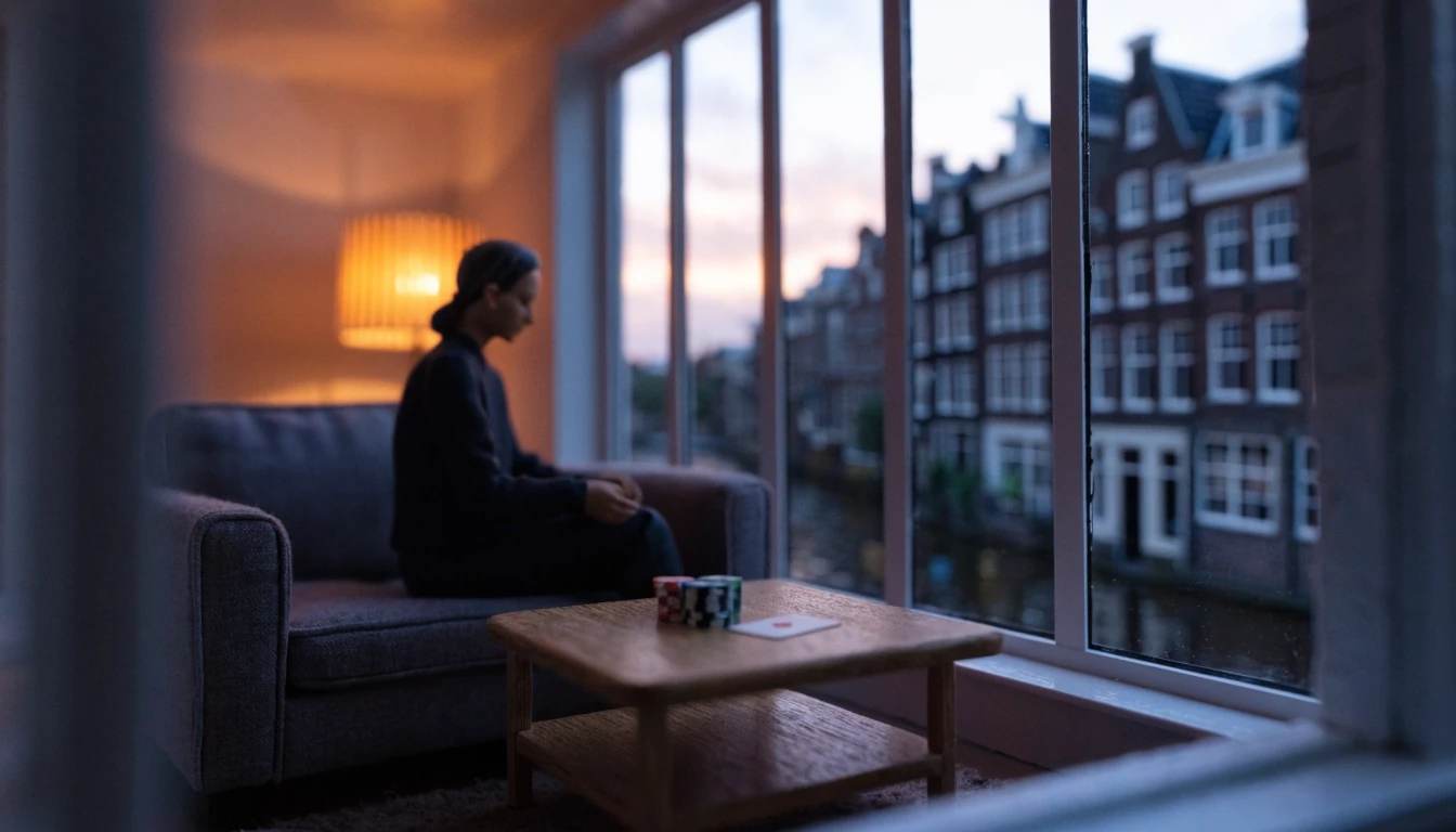 Persoon in Nederlandse woonkamer met casinofiches en speelkaart op tafel