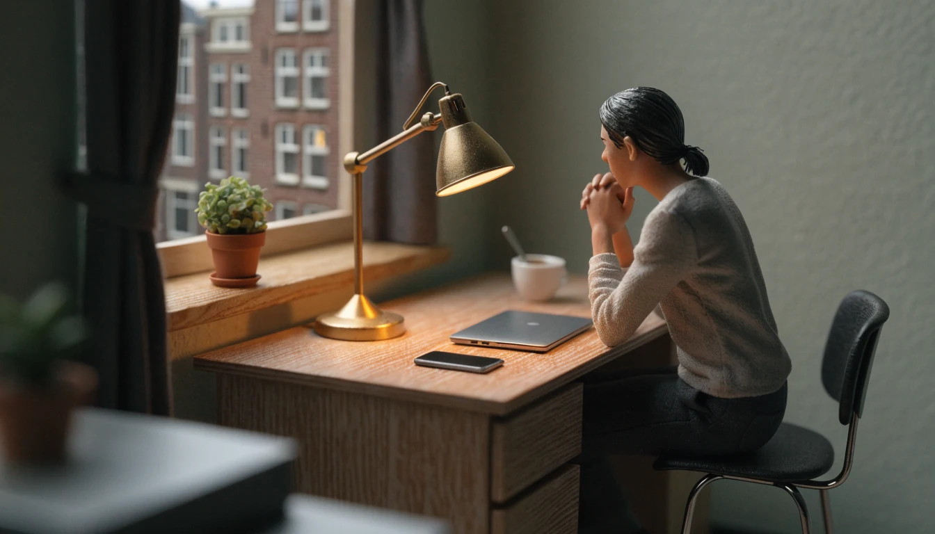 Persoon aan bureau in Nederlandse woonkamer, gesloten laptop en telefoon, warm lamplicht