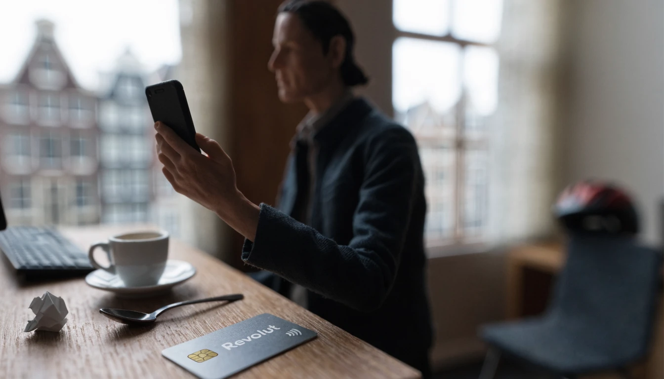 Persoon aan bureau met smartphone en bankkaart in modern interieur