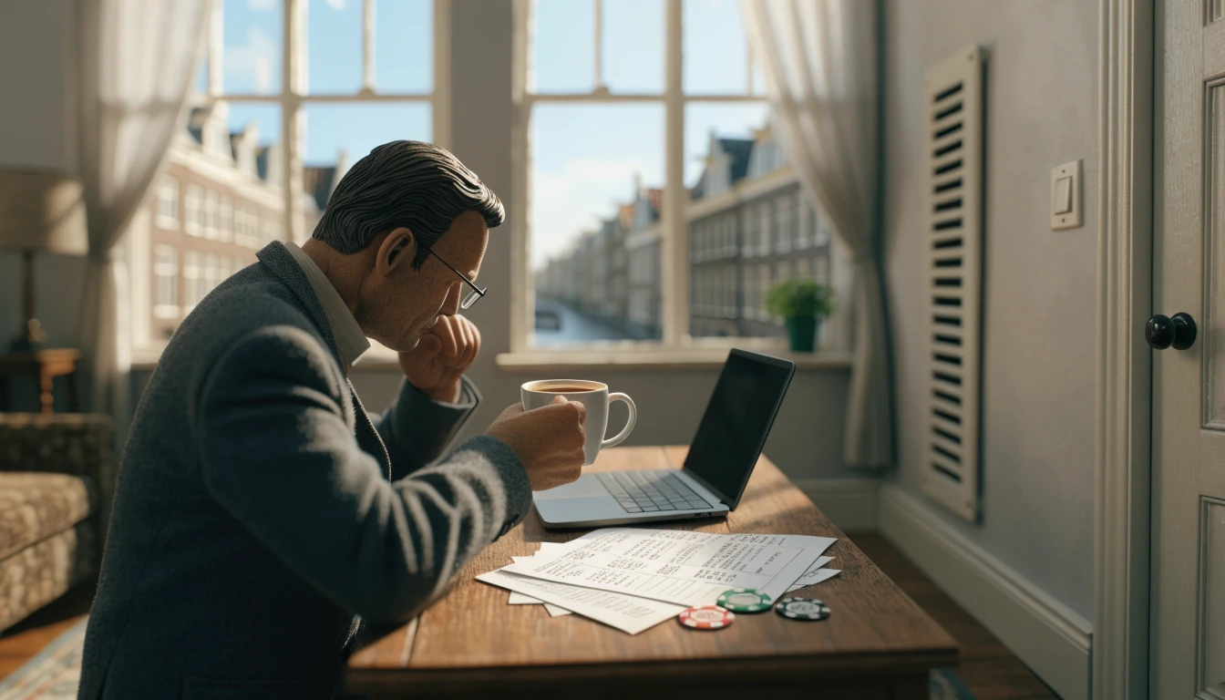 Man aan bureau controleert financiën na online gokken