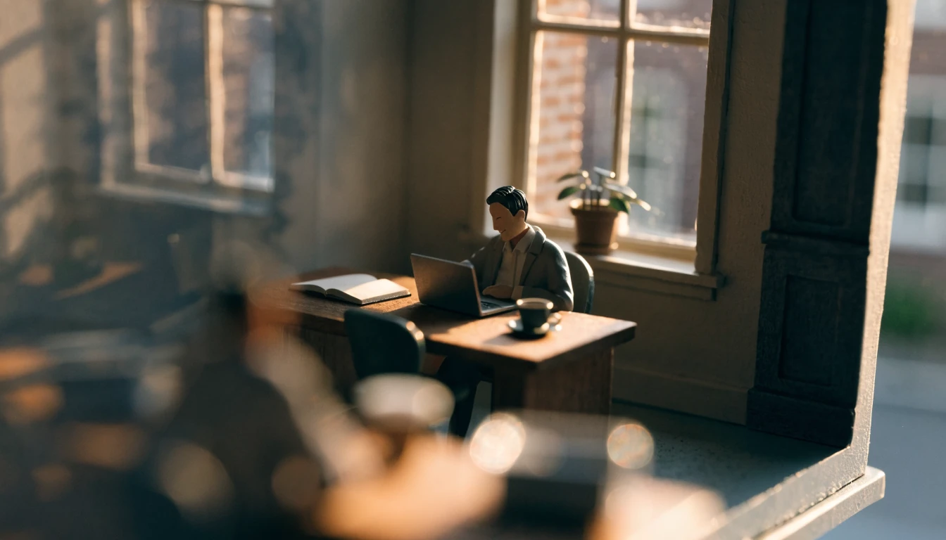 Redacteur aan een bureau in een licht kantoor, typt op een laptop