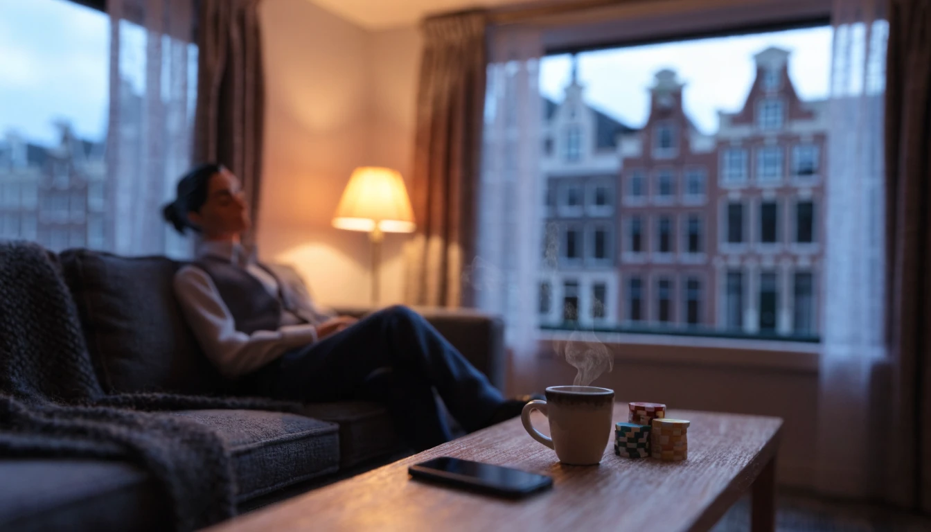 Persoon ontspant in moderne Nederlandse woonkamer met pokerchips en telefoon op tafel