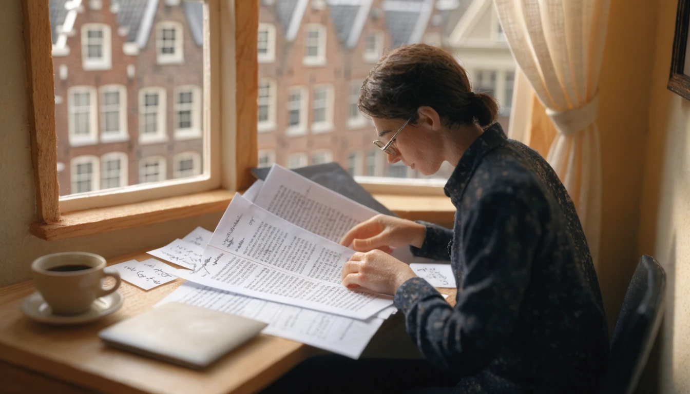 Persoon aan bureau die licentiedocumenten bestudeert in een werkkamer met Nederlandse bakstenen huizen door het raam