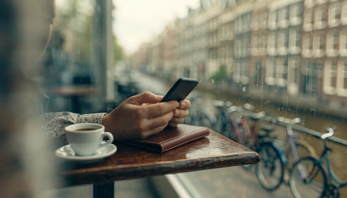 Handen met een smartphone met afgewend scherm op een tafel in een Amsterdams café
