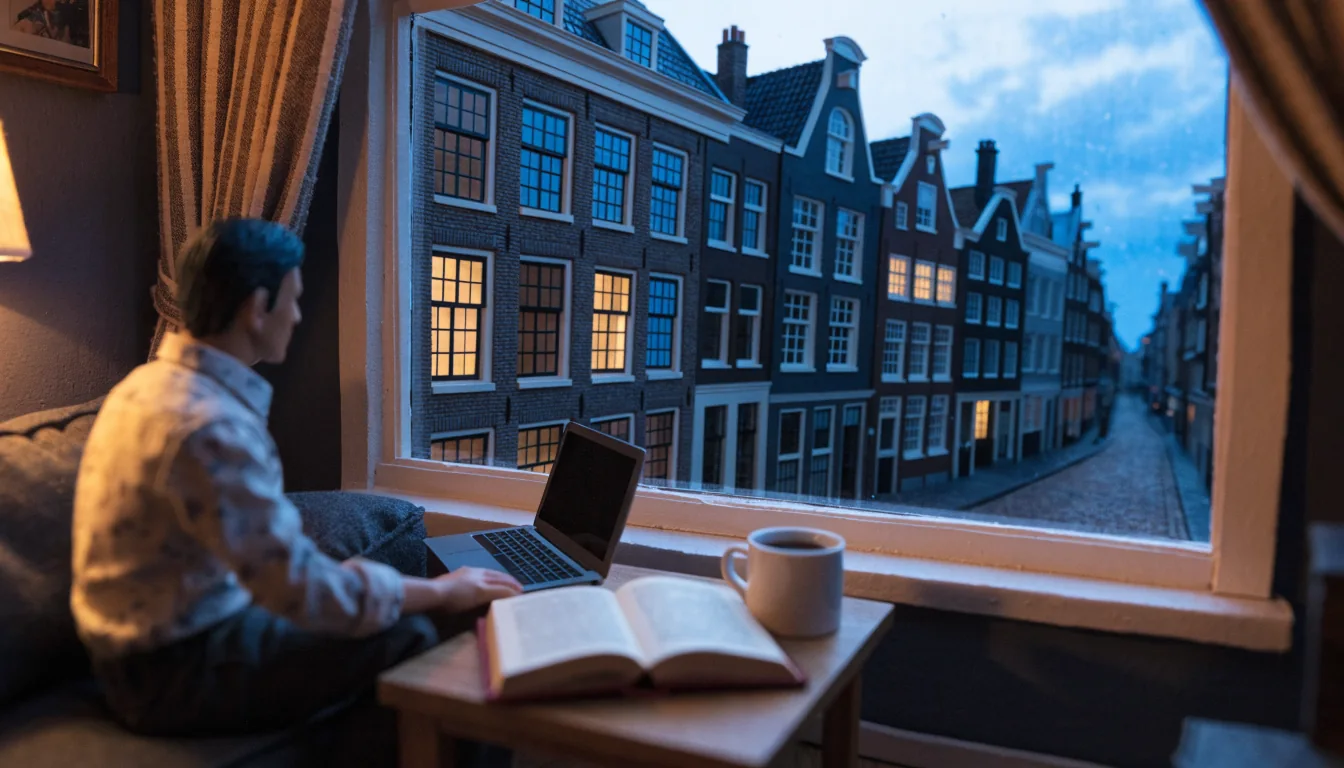 Man op de bank met gesloten laptop, boek en koffiemok, grachtenpanden door het raam