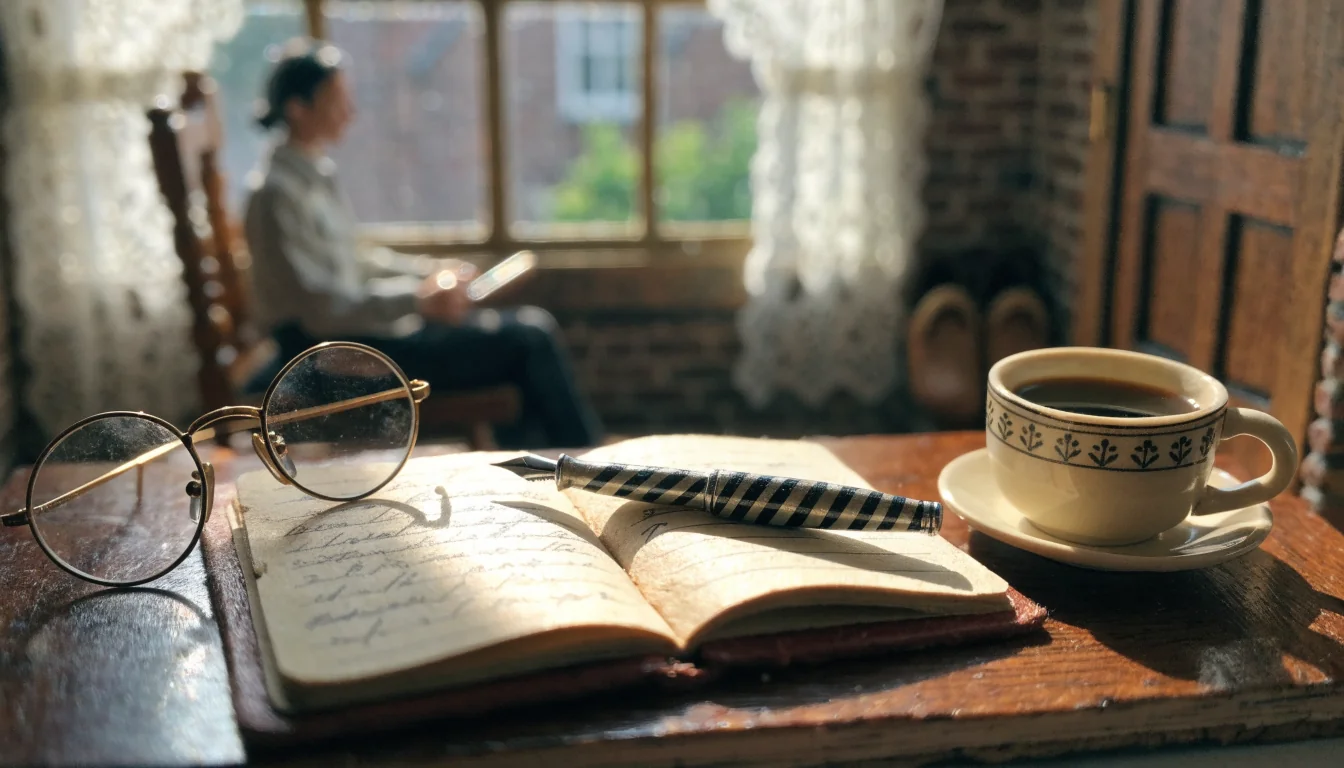 Houten bureau met notitieboek, pen en koffiemok in een traditioneel Nederlands huis.